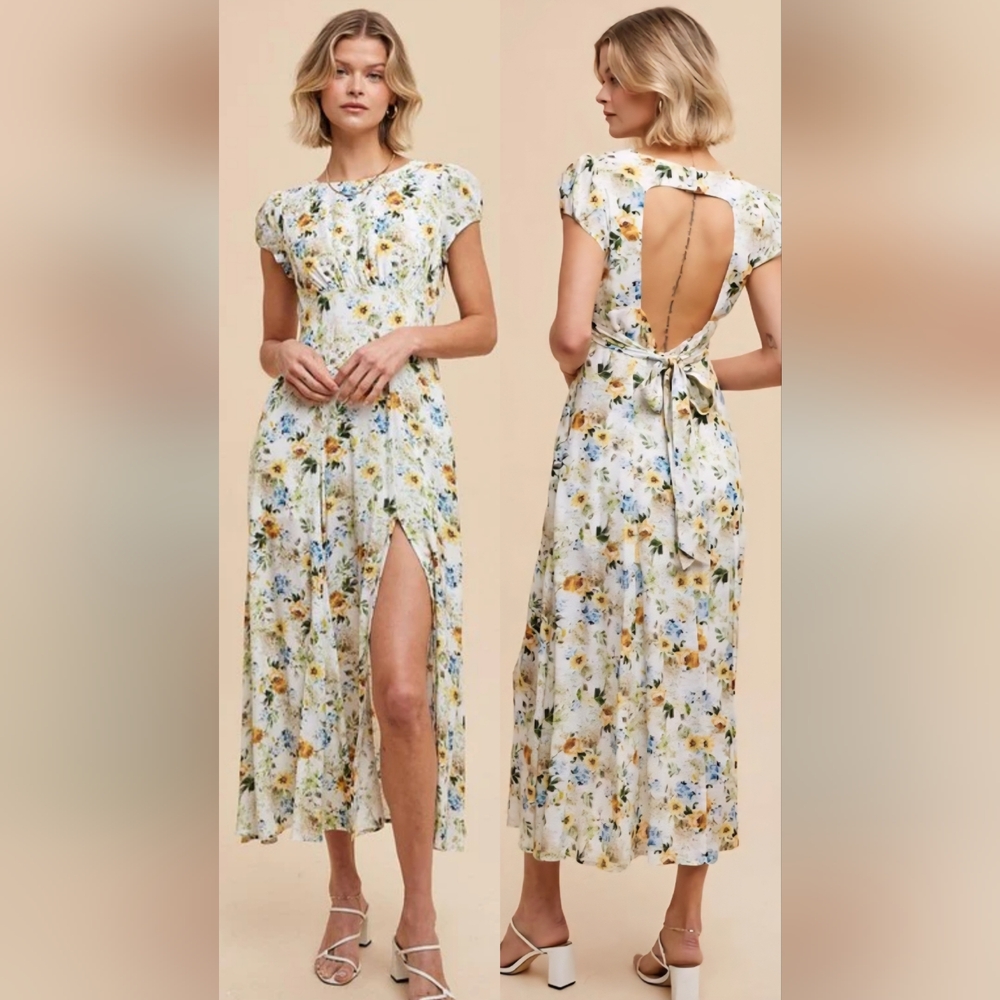 In Loom Bohemian Floral Garden Parties Open Back Belted Pocket Slit Midi Dress
